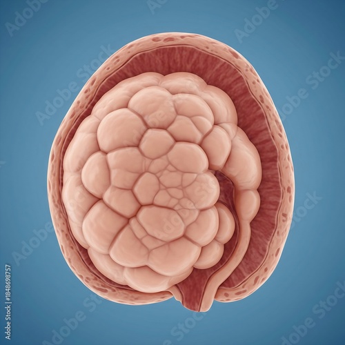 Ovarian Germ Cell Tumor (Dysgerminoma) depicted as a large, homogeneous, soft, pink-tan mass replacing the ovary's structure. The surface is smooth but lobulated. Blue background,  focus on youthful p