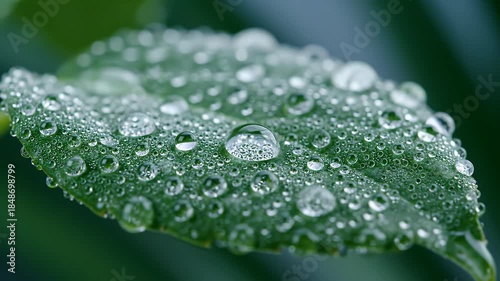 Close Up Macro Shot Of Green Leaf Covered In Water Droplets After Rain Showing Texture And Refraction Of Light