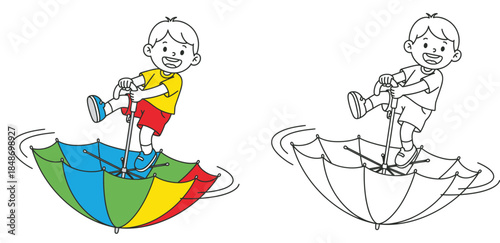 Inside an inverted, colorful umbrella with a black and white coloring page outline a cute cartoon boy plays and spins Vector illustration for educational and recreational purposes
