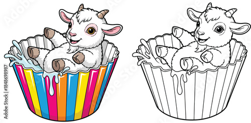 With a black and white coloring page outline this adorable cartoon baby goat splashes in a vibrant cup Vector illustration for educational and recreational purposes