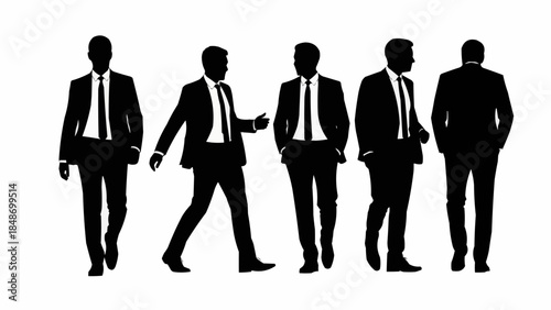 Silhouettes of businessmen in suits walking and standing.