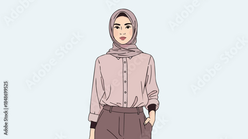 Young Muslim Woman Wearing Hijab and Modest Fashion Outfit.
