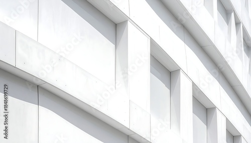 Bright white building facade with rectangular windows, viewed from a low angle, bathed in sunlight and shadow