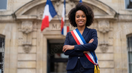 Portrait of a confident female French mayor wearing the official tricolor sash with arms crossed. Smiling elected woman standing in front of a town hall with French flags.