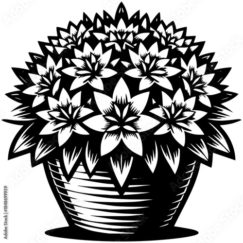 Black and white floral illustration of flowers in a decorative vase