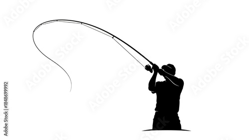 Silhouette of a person fishing with a rod against a plain white background emphasizing fishing