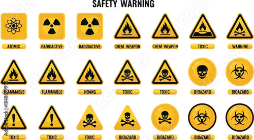 Comprehensive collection of safety warning signs and symbols for various hazards.