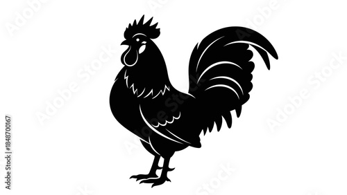 Stylized black silhouette of a proud rooster with detailed feathers and comb