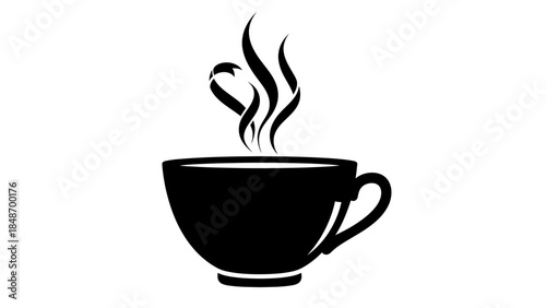 Minimalist black and white silhouette of hot beverage in a cup with steam rising elegantly
