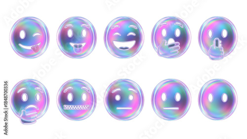 3D iridescent glass holographic winking, zany, thinking, eyebrow, natural emotional face emoji icon set with transparent PNG background 16:9 illustration