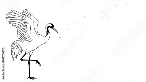 Minimalist line drawing of a stork standing on one leg with floating bubbles and subtle crescent