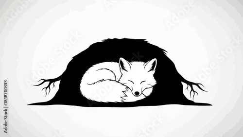 Minimalist black and white illustration of a peaceful sleeping fox curled inside a hollow log