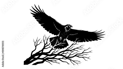 Majestic flying eagle soaring over barren tree branches symbolizing freedom and strength