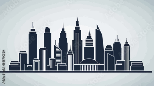 Minimalist Illustration of a Modern City Skyline with Diverse High-Rise Buildings and Skyscrapers