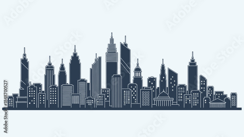 Stylized digital illustration of a modern city skyline with prominent skyscrapers and urban