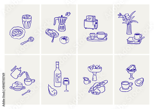 Breakfast food and drinks, posters set. Dolce Vita Italian cards with doodle sketch drawings, coffee, bread, cappuccino, wine, flower vase and moka pot, ink scribbles. Hand-drawn vector illustrations