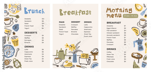 Breakfast menu card designs set. Cafe and restaurant lunch, morning food and drinks offers, background templates with cappuccino, moka pot, dishes in doodle sketch style. Flat vector illustrations