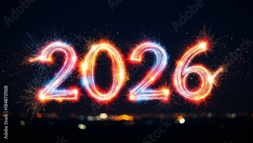 Glowing red and blue sparklers forming the year 2026 against a dark night sky with city lights