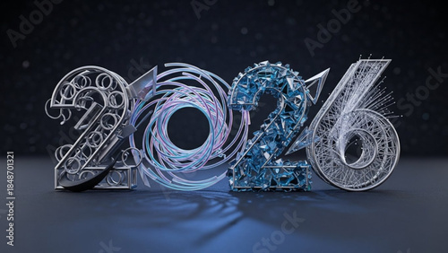 Glowing blue 2026 numbers made of neon light on dark background with reflective floor