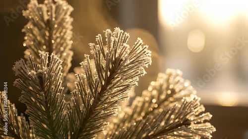 Close up of pine needles covered in frost sparkling in the golden sunlight outdoors on a cold winter morning