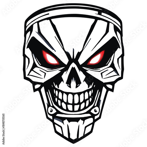 Cybernetic Robotic Skull Vector Illustration Mecha Skeleton Head with Red Glowing Eyes Futuristic Sci Fi Evil Cyborg Mask