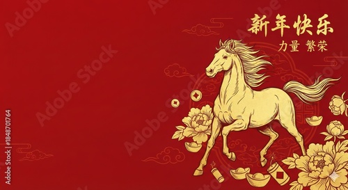 A captivating artistic illustration for Chinese New Year, presenting a golden horse, embodying elegance and strength, amid festive elements and traditional symbolism.