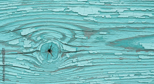 Rustic Teal Weathered Wood Grain Background with Peeling Paint Texture, Close-Up of Natural Knots and Rings, Vintage Surface for Design