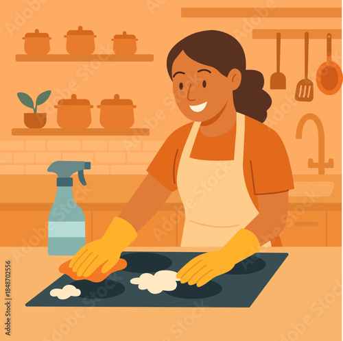 Smiling woman cleaning kitchen stove using sponge and spray bottle. Domestic cleaning routine in cozy home kitchen. Flat vector illustration for housekeeping and home care concepts.