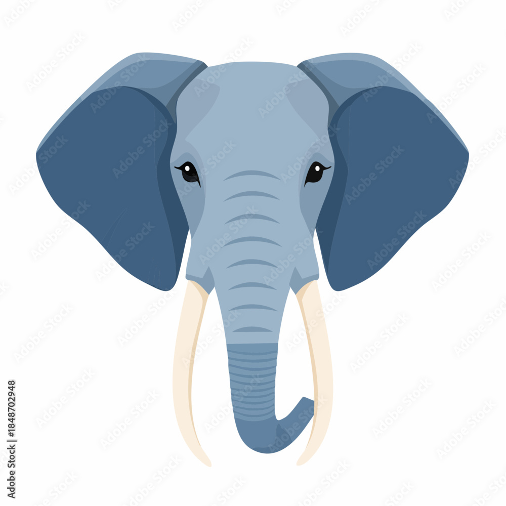 Obraz premium Stylized elephant head with ivory tusks and large ears isolated on white