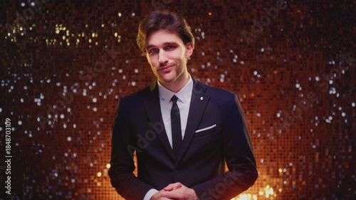 Portrait: attractive young man in formal business suit. Handsome male is an IT manager, lottery or casino winner, or showman. Face of smiling caucasian businessman. Guy, a groom or a guest at wedding