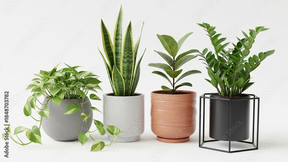 Obraz premium Collection of four potted houseplants including snake plant and pothos in modern ceramic and metal planters isolated on a white background for home decor and interior design