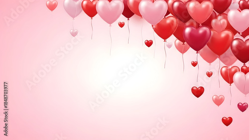 Heart shaped balloons and confetti on pink background for valentine s day celebration