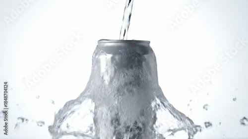 Silver Metal Can Being Rinsed With Water Droplets Cascading Down With A White Studio Background