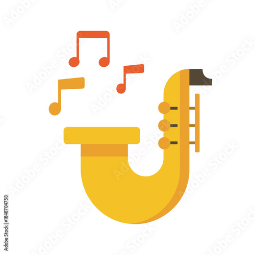 Golden Metallic Saxophone with Musical Notes. Vector Illustration of Jazz Wind Instrument.