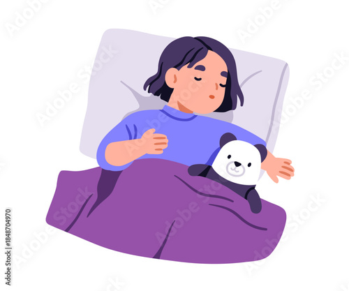 Sleeping kid. Cute girl asleep in bed. Little child dreaming with plush toy. Preschooler lying with teddy bear under cozy duvet. Night bedtime. Flat vector illustration isolated on white background