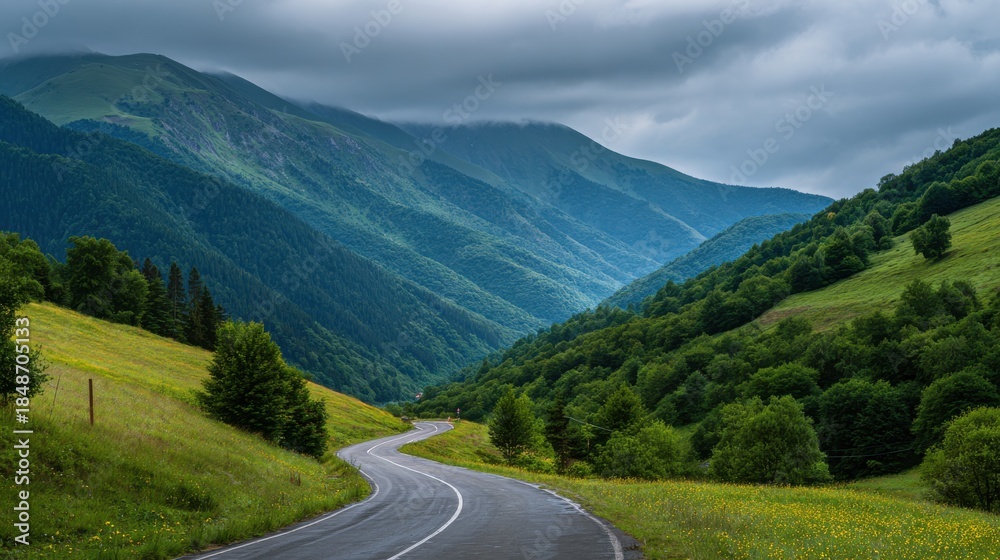 Naklejka premium Winding Road Through Green Mountain Valley Under Cloudy Sky