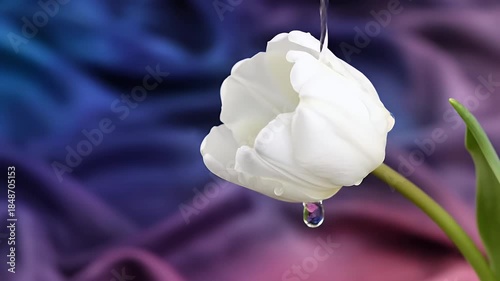 Single White Tulip With Water Droplets Falling On Petals Against A Moody Blue Purple Fabric Backdrop