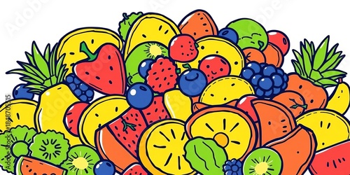 Playful, outlined fruit salad in a bright, hand-drawn style,  cute food,  flat