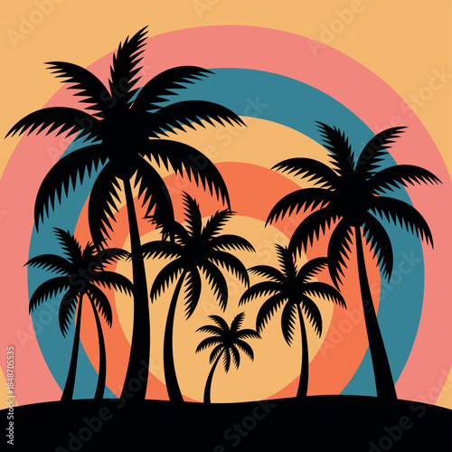 Vibrant Tropical Sunset Palm Trees Silhouette Against Colorful Circle Background