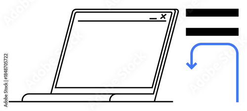 Laptop with a blank screen, two horizontal menu lines, and a curved blue arrow. Ideal for technology, user interface, web design, software, navigation information flow digital learning. A simple