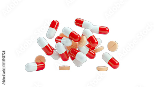 Pills and Capsules Floating on White Background