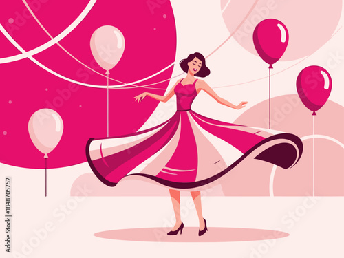 A beautiful woman dances in a festive pink setting with balloons. She wears a vintage dress and exudes joy. Perfect for party or celebration themes.