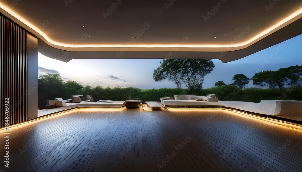 Fototapeta premium A futuristic minimalist living area with sleek forms and LED strips overlooks a serene landscape.