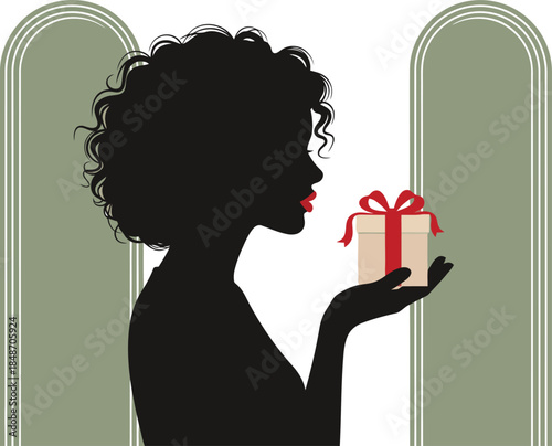 A silhouetted woman holds a gift box, evoking a sense of anticipation and joy. Elegant, minimalist design with a vintage feel. Perfect for holiday or gifting themes.