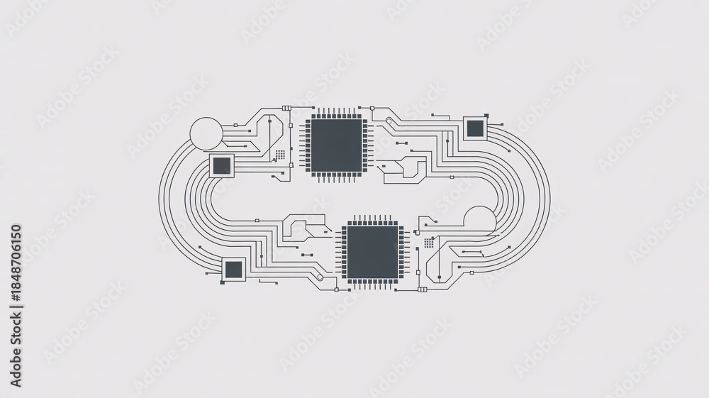 Naklejka premium Circuit board with microchips and wires on a gray background