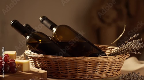 Still Life Composition With Wine Bottles Cheese And Grapes In A Basket With Soft Warm Lighting