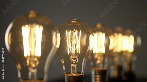 Row Of Vintage Edison Light Bulbs Illuminated With Warm Yellow Glow On Dark Gray Background With Soft Focus