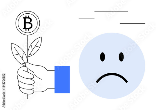 Bitcoin investment. Bitcoin as a plant being held by a hand, showing growth potential. A sad face s Bitcoin volatility and uncertain market conditions. For finance, investing, cryptocurrency