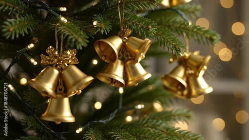 Close Up Of Golden Christmas Bells Ornamented On A Green Fir Tree With Blurry Bokeh Lights In The Background