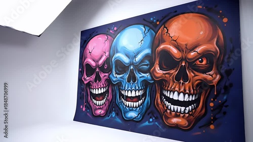 Art Installation With Three Pixelated Skulls Pink Blue Orange On Dark Canvas In Studio Lighting